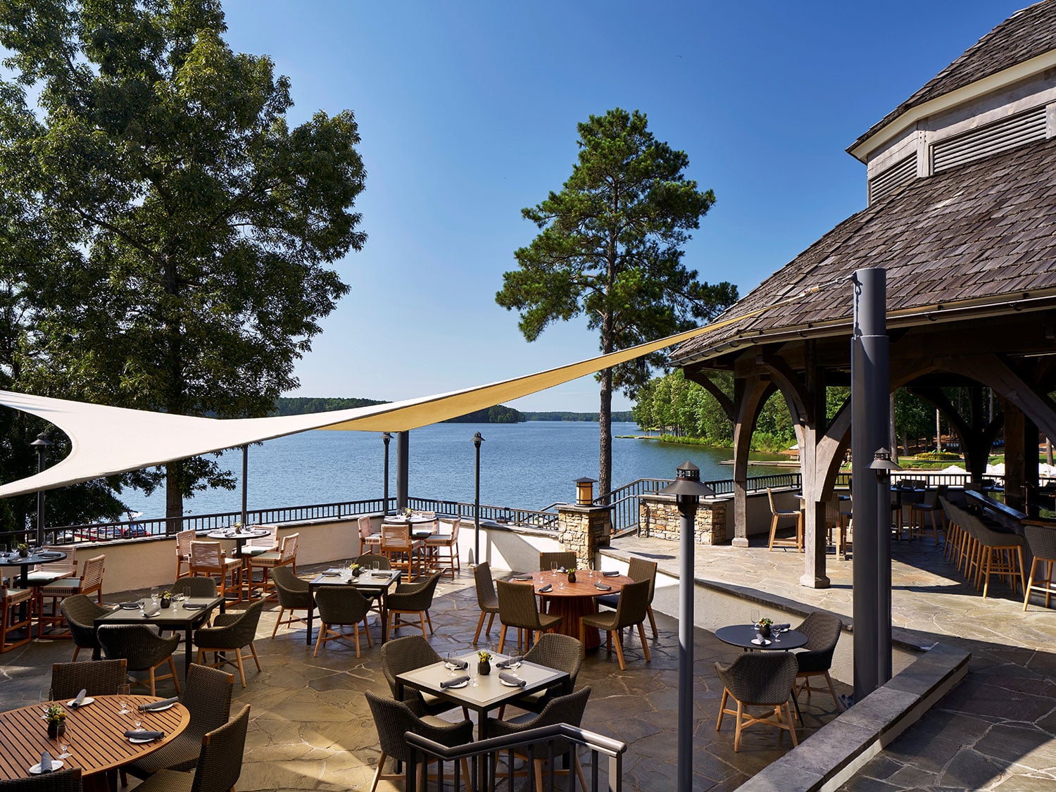 The patio seating area at Gaby’s by the Lake at The Ritz-Carlton, Reynolds Lake Oconee, in Georgia.