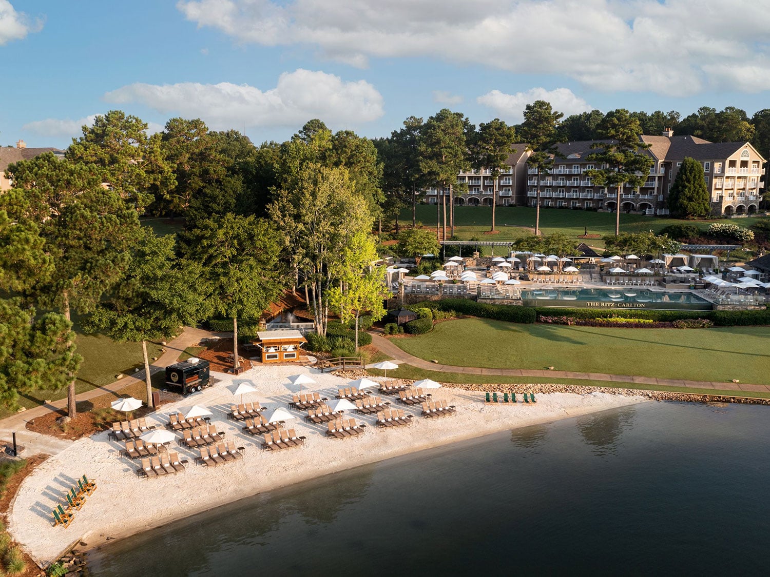 An aerial view of The Ritz-Carlton, Reynolds Lake Oconee, in Georgia.