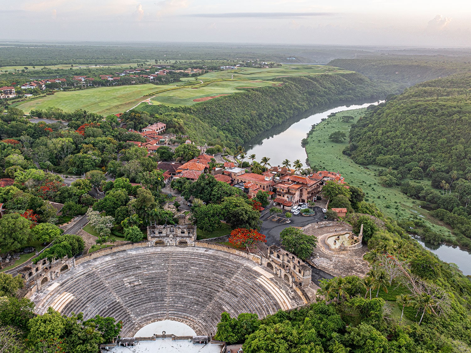 An aerial view of the Altos de Chavón amphitheater at Casa de Campo Resort and Villas in the Dominican Republic.