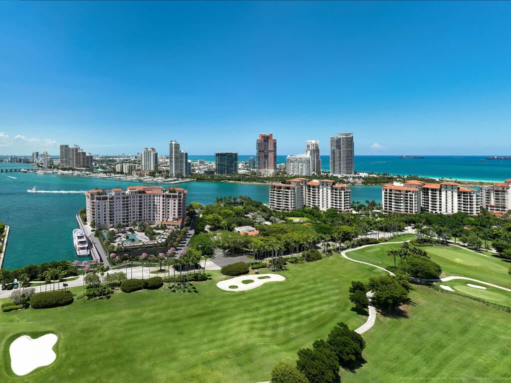 An aerial view of the property and amenities of Six Fisher Island in Miami, Florida.