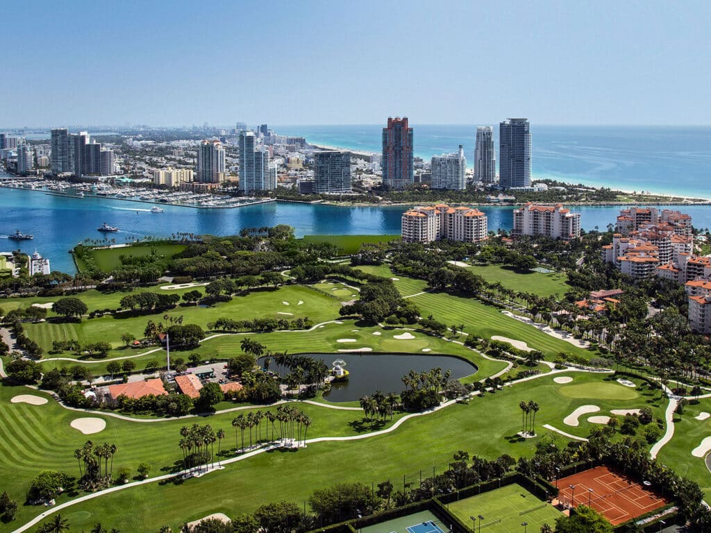 An aerial view of the property and amenities of Six Fisher Island in Miami, Florida.