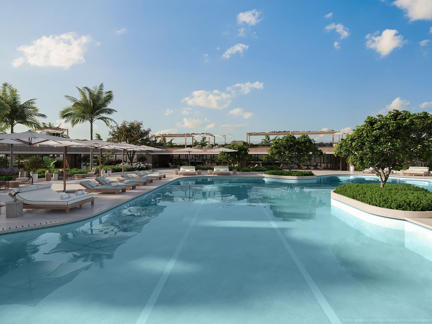 A rendering of the ground-level pool at Six Fisher Island in Miami, Florida.