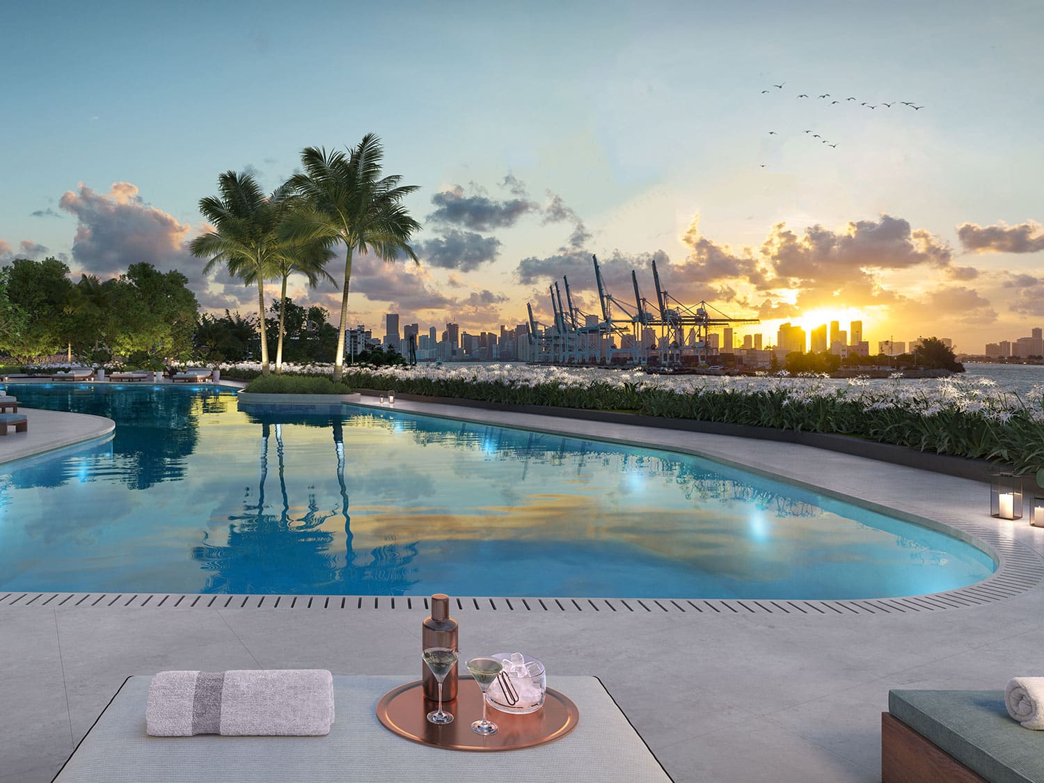 A poolside view at Six Fisher Island in Miami, Florida.