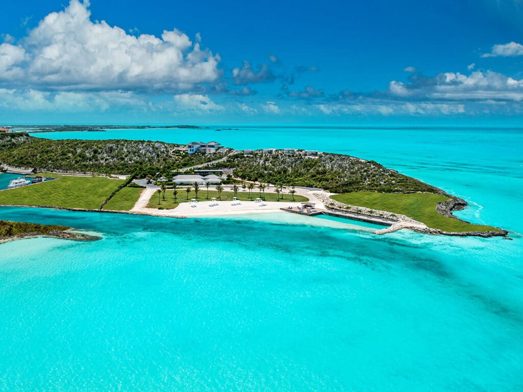 An aerial view of the Ocean Pool on Grace Bay Beach at Wymara Resort and Villas in Turks and Caicos.