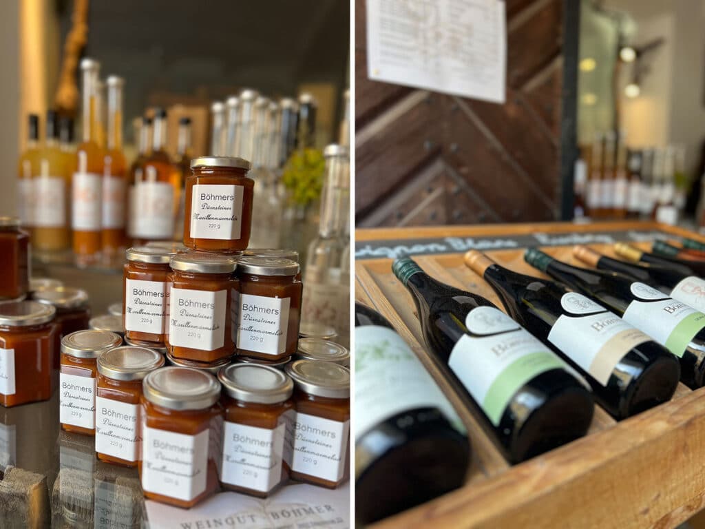 Apricot jams and wine in stores in Durnstein
