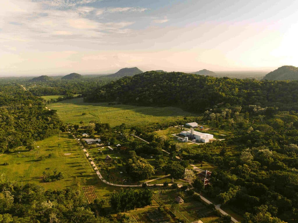 An aerial view of the farm and distillery at Copal Tree Lodge in Belize.