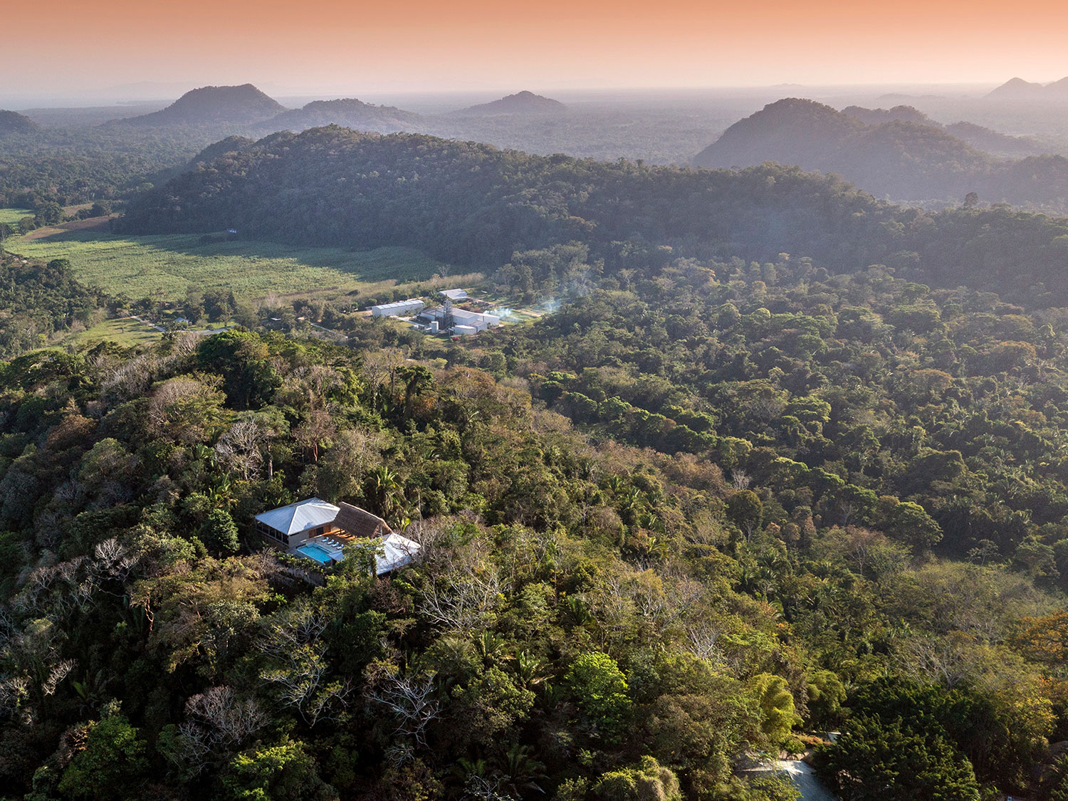 An aerial view of the Copal Tree Lodge and farm in Belize.