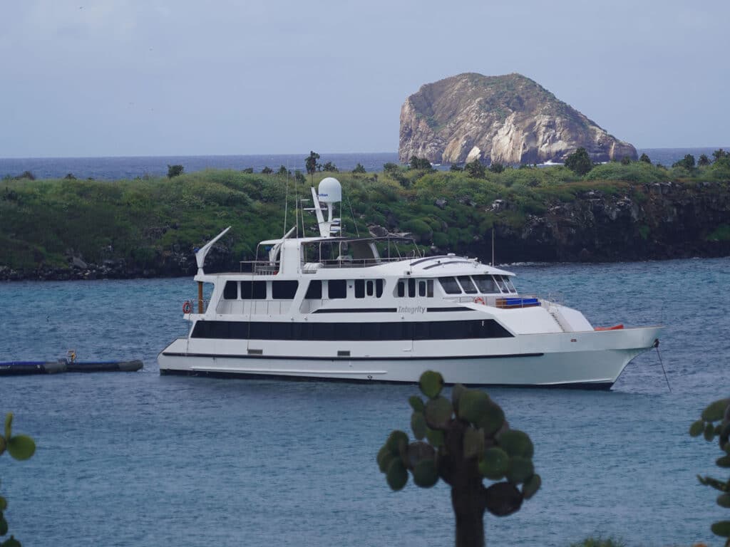 An exterior view of the Integrity luxury yacht in the Galapagos Islands