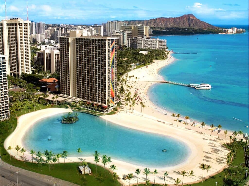 An aerial view of the Hilton Hawaiian Village Waikiki Beach Resort in Hawaii