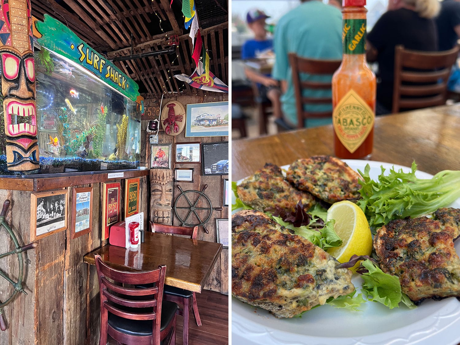 The interior and a meal at Flo's Clam Shack in Rhode Island