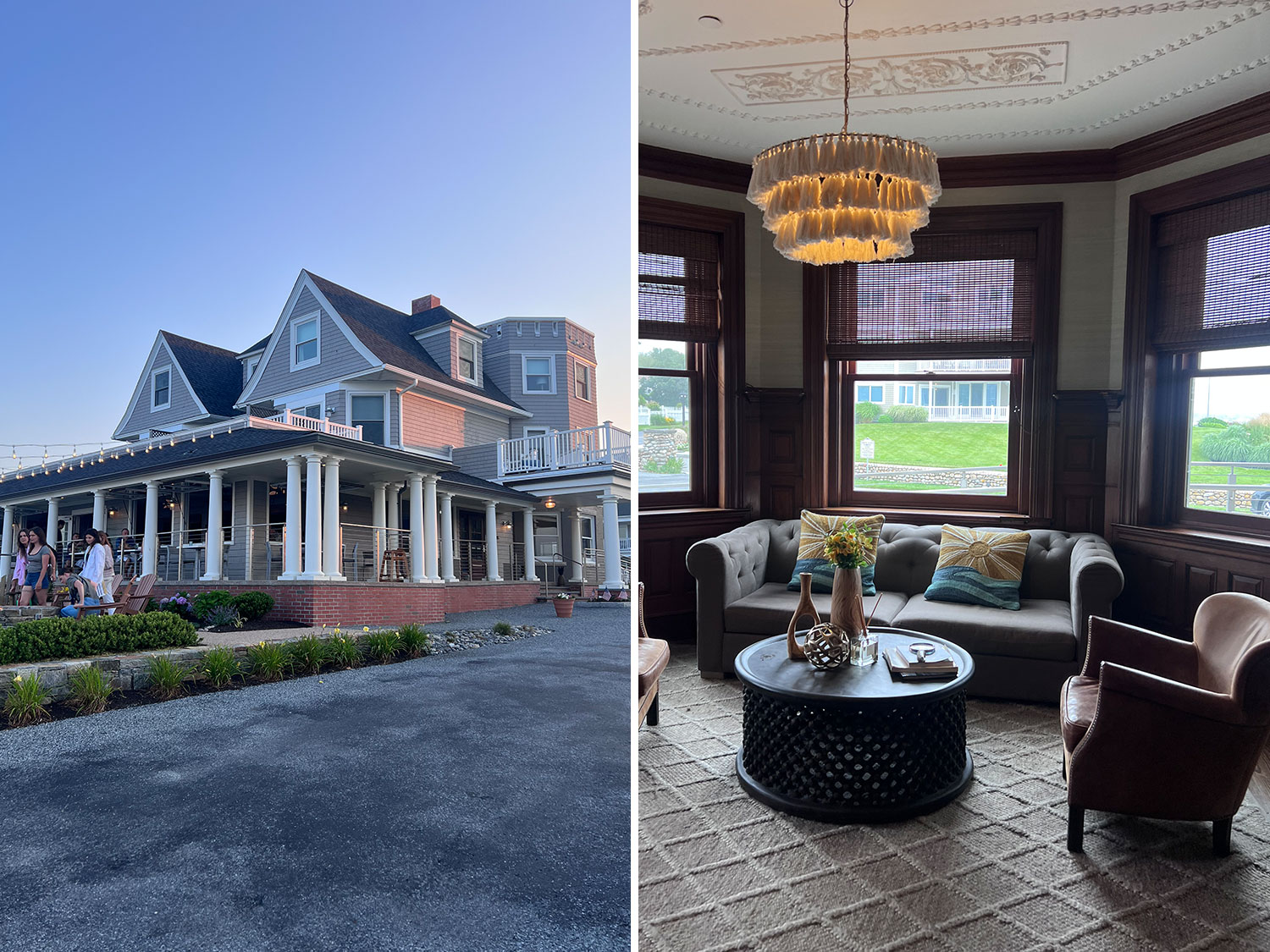 Exterior and interior view of The Shore House hotel in Rhode Island