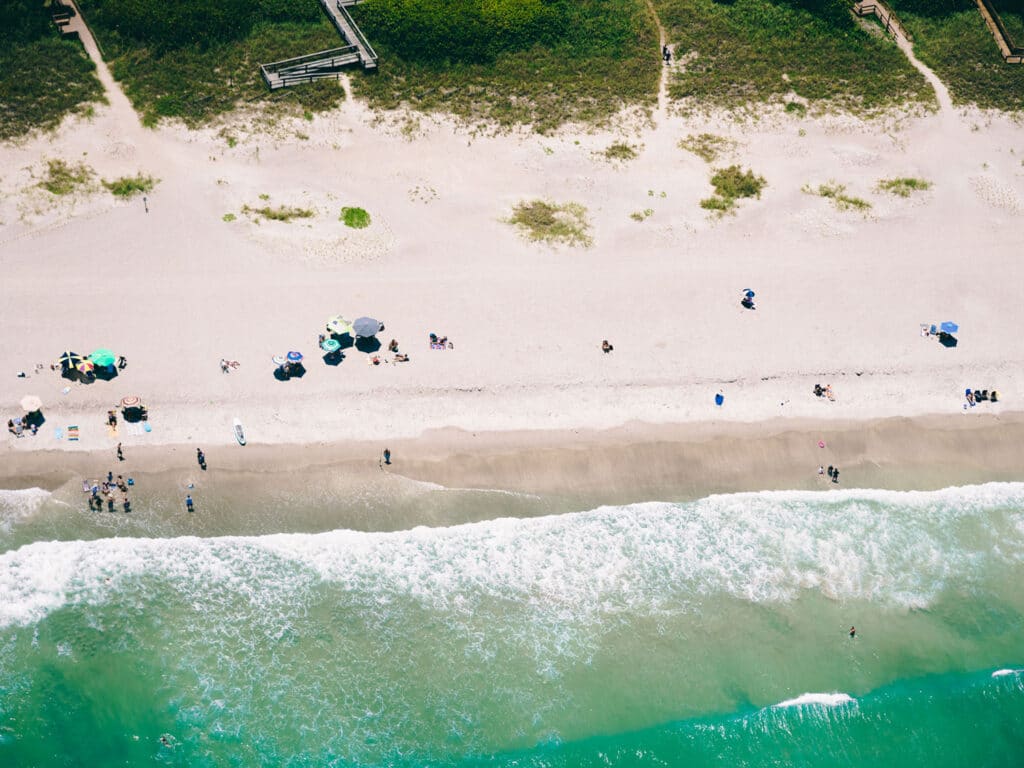 An aerial view of a beach on Florida's Space Coast